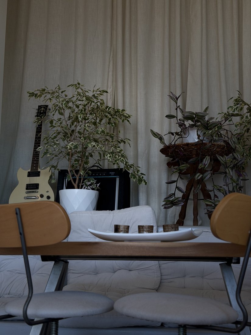 Cozy interior of Jazzin with linen curtains, plants and a guitar